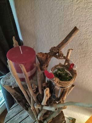 Plante verte et bougie rouge dans bois flotté pour la Saint Valentin