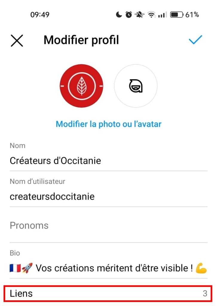 Ajouter liens dans sa bio Instagram à partir de son profil.