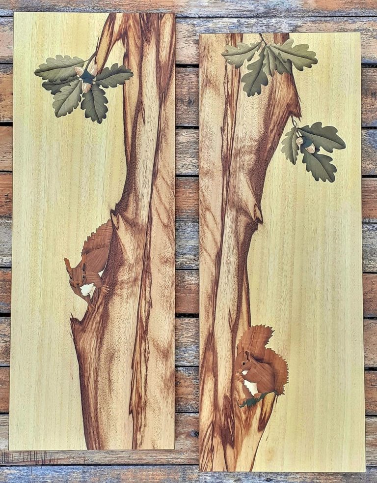 Atelier l'Estampille d'Alex panneau décoratif en bois arbre et écureuils