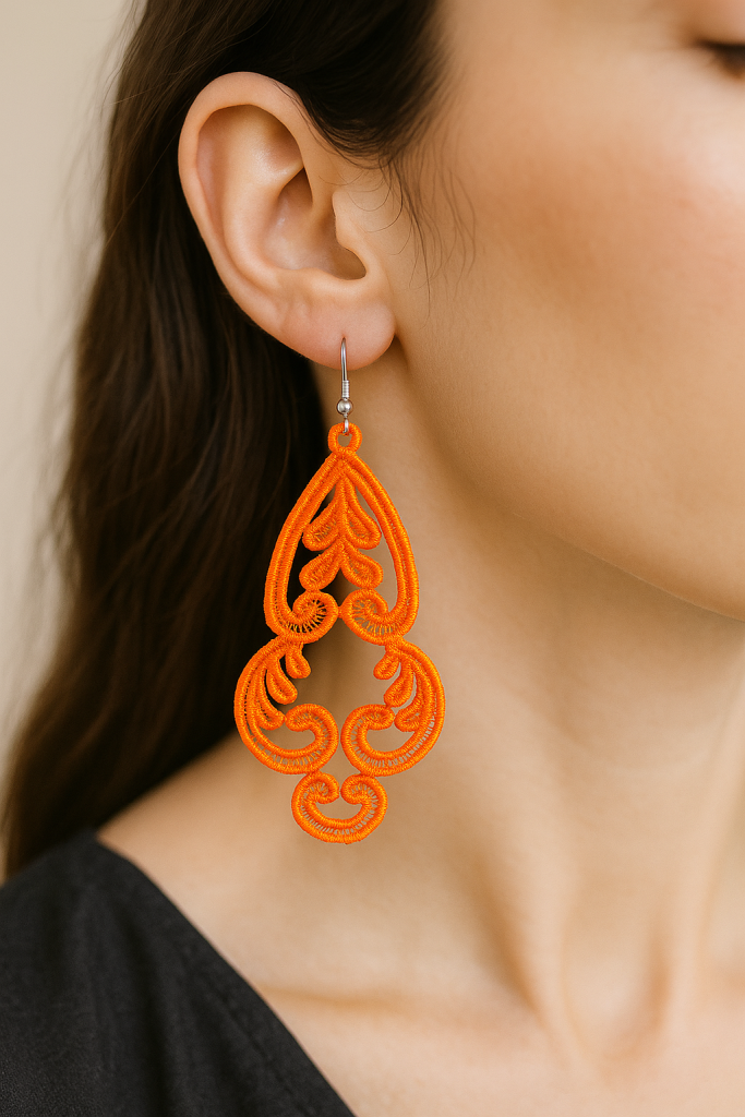 CMK Création grandes boucles oreilles pendantes dentelles orange
